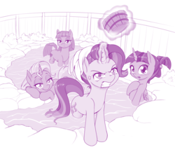 Size: 1000x869 | Tagged: safe, artist:dstears, maud pie, starlight glimmer, trixie, twilight sparkle, alicorn, earth pony, pony, unicorn, g4, angry, blushing, bucket, cross-popping veins, female, glowing horn, gritted teeth, horn, hot springs, implied starburst, implied sunburst, levitation, magic, mare, monochrome, offscreen character, onsen, purple, smiling, telekinesis, tsundere, twilight sparkle (alicorn), we don't normally wear clothes