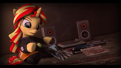 Size: 9600x5400 | Tagged: safe, artist:imafutureguitarhero, sunset shimmer, equestria girls, g4, 3d, abbey road, absurd resolution, adidas, album cover, alternate hairstyle, black bars, boots, carpet, chromatic aberration, clothes, deep purple, dress, female, film grain, freckles, hipgnosis, hoodie, let it be, letterboxing, music, open mouth, peppered bacon, pink floyd, queen (band), raised eyebrow, record, record player, rug, shoes, signature, sitting, solo, source filmmaker, speaker, the beatles, the dark side of the moon, tracksuit, wallpaper