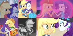 Size: 3643x1816 | Tagged: safe, screencap, applejack, rarity, equestria girls, equestria girls series, g4, lost and found, my little pony equestria girls, my little pony equestria girls: legend of everfree, my little pony equestria girls: rainbow rocks, rarity investigates: the case of the bedazzled boot, applejack is not amused, bass guitar, camp fashion show outfit, catching, clothes, comparison, continuity, cropped, cute, drama queen, duo, fall formal outfits, geode of shielding, geode of super strength, glowing, grayscale, hat, headphones, jackabetes, magnet, marshmelodrama, monochrome, musical instrument, out of context, ponied up, raribetes, rarity investigates (eqg): applejack, shipping fuel, sparkles, swimsuit, unamused