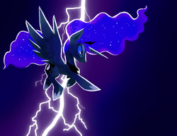 Size: 1280x989 | Tagged: safe, artist:talonsofwater, princess luna, alicorn, pony, g4, female, flying, lightning, mare, slit pupils, smiling, solo, spread wings, the dark knight returns, wings