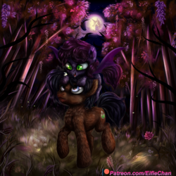 Size: 3000x3000 | Tagged: safe, artist:katakiuchi4u, oc, oc only, bat pony, pony, bat pony oc, commission, female, forest, full moon, high res, mare, mare in the moon, moon, night, patreon, patreon logo, ponies riding ponies, riding, smiling, tree