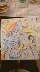 Size: 576x1024 | Tagged: safe, artist:akira bano, derpy hooves, rainbow dash, pegasus, pony, g4, blushing, cheek squish, cute, dashabetes, derpabetes, duo, female, mare, open mouth, smiling, squishy cheeks, traditional art