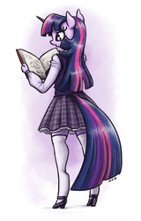 Size: 704x1100 | Tagged: safe, artist:king-kakapo, twilight sparkle, unicorn, anthro, unguligrade anthro, g4, adorkable, book, clothes, cute, dork, female, high heels, mare, plaid, plaid skirt, pleated skirt, reading, rear view, shirt, shoes, simple background, skirt, solo, stockings, sweater vest, tail, tail hole, thigh highs, unicorn twilight, white background, zettai ryouiki