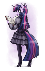 Size: 704x1100 | Tagged: safe, artist:king-kakapo, twilight sparkle, unicorn, anthro, unguligrade anthro, g4, book, clothes, dress, female, high heels, mare, pantyhose, reading, rear view, shoes, simple background, solo, stockings, tail, tail hole, thigh highs, unicorn twilight, white background