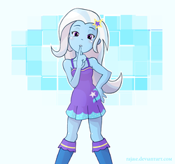 Size: 1154x1080 | Tagged: safe, artist:rajaie, trixie, equestria girls, g4, clothes, cute, diatrixes, dress, female, hairpin, looking at you, solo