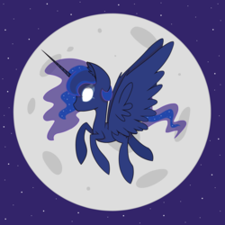 Size: 8267x8267 | Tagged: safe, artist:rainelathepegasus00, princess luna, alicorn, pony, g4, absurd resolution, ethereal mane, female, flying, full moon, mare, moon, night, solo, starry mane