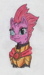 Size: 524x903 | Tagged: safe, artist:kuroneko, derpibooru exclusive, fizzlepop berrytwist, tempest shadow, pony, unicorn, g4, my little pony: the movie, armor, blind eye, broken horn, cape, clothes, colored pencil drawing, eye scar, eyebrows, female, horn, looking at you, mare, royal guard armor, scar, simple background, solo, tempest becomes a royal guard, traditional art, white background, wrong eye color