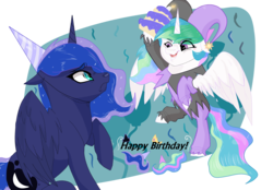 Size: 2247x1567 | Tagged: safe, artist:poowndraww, princess celestia, princess luna, alicorn, pony, g4, cake, crown, duo, female, food, happy birthday, hat, jester, jewelry, mare, party hat, regalia, sisters