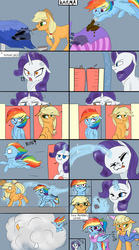 Size: 1280x2297 | Tagged: safe, artist:poowndraww, applejack, rainbow dash, rarity, earth pony, pegasus, pony, unicorn, g4, ..., angry, applejack also dresses in style, applejack's hat, ball of violence, clothes, comic, cowboy hat, dress, female, fire, flame eyes, forced makeover, hat, magic, makeover, mare, payback, prank, rainbow dash always dresses in style, revenge, tomboy taming, white eyes