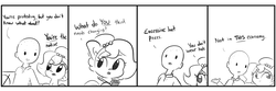 Size: 2160x720 | Tagged: safe, artist:tjpones, oc, oc only, oc:brownie bun, oc:richard, earth pony, human, pony, horse wife, 4koma, bait and switch, black and white, bust, comic, dialogue, duo, ear fluff, female, grayscale, hoof hold, human male, male, mare, monochrome, notepad, pencil, protest, sign, simple background, white background