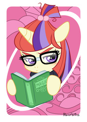 Size: 492x688 | Tagged: safe, artist:akira bano, moondancer, pony, unicorn, g4, book, bust, female, frown, glasses, hoof hold, mare, reading, solo