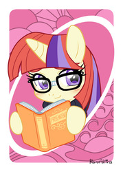 Size: 492x688 | Tagged: safe, artist:akira bano, moondancer, pony, unicorn, g4, blushing, book, bust, cute, daaaaaaaaaaaw, dancerbetes, female, glasses, mare, reading, smiling, solo