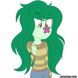 Size: 800x800 | Tagged: dead source, safe, artist:wubcakeva, wallflower blush, butterfly, equestria girls, equestria girls series, forgotten friendship, g4, behaving like a tree, butterfly on nose, clothes, female, freckles, insect on nose, pants, simple background, solo, sweater, transparent background, wallflower and plants, wallflower is a plant