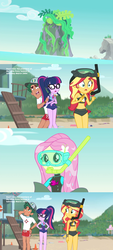 Size: 1360x2996 | Tagged: safe, fluttershy, sci-twi, sunset shimmer, timber spruce, twilight sparkle, equestria girls, equestria girls series, forgotten friendship, g4, unsolved selfie mysteries, angry, beach, belly button, bikini, clothes, cute, disappointed, geode of empathy, geode of telekinesis, lifeguard timber, magical geodes, midriff, seaweed, shyabetes, swimsuit, unamused