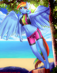 Size: 2332x3000 | Tagged: safe, artist:twistedscarlett60, rainbow dash, pegasus, anthro, plantigrade anthro, equestria girls series, forgotten friendship, armpits, barefoot, beach, belly button, breasts, busty rainbow dash, clothes, equestria girls outfit, feet, female, looking at you, mare, midriff, ocean, skinny, smiling, solo, stupid sexy rainbow dash, tree