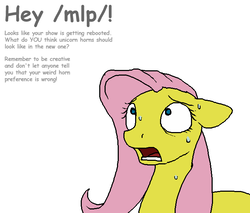 Size: 703x600 | Tagged: safe, artist:kazerad, fluttershy, pony, g4, /mlp/, 4chan, female, floppy ears, frown, g5 concept leak style, mare, meme, missing horn, nervous, open mouth, shitposting, simple background, solo, sweat, text, this will end in tears, white background, wide eyes, worried