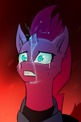Size: 1000x1500 | Tagged: safe, artist:foxyghost, tempest shadow, pony, unicorn, g4, my little pony: the movie, broken horn, bust, crying, eye scar, female, horn, portrait, scar, scared, solo, sparking horn