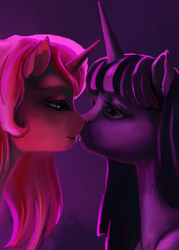 Size: 775x1080 | Tagged: safe, artist:cosmicunicorn, sunset shimmer, twilight sparkle, alicorn, pony, unicorn, g4, female, imminent kissing, lesbian, looking at each other, ship:sunsetsparkle, shipping, wip