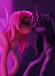 Size: 775x1080 | Tagged: safe, artist:cosmicunicorn, sunset shimmer, twilight sparkle, alicorn, pony, unicorn, g4, female, imminent kissing, lesbian, looking at each other, ship:sunsetsparkle, shipping, twilight sparkle (alicorn), wip