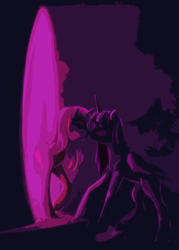 Size: 775x1080 | Tagged: dead source, safe, artist:cosmicunicorn, sunset shimmer, twilight sparkle, alicorn, pony, unicorn, g4, dark, female, imminent kissing, lesbian, looking at each other, magic mirror, portal, ship:sunsetsparkle, shipping, twilight sparkle (alicorn)