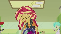 Size: 1280x720 | Tagged: safe, screencap, drama letter, sophisticata, sunset shimmer, sweet leaf, tennis match, watermelody, equestria girls, equestria girls series, g4, overpowered (equestria girls), background human, earmuffs, female, geode of empathy