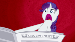 Size: 1280x720 | Tagged: safe, screencap, rarity, ponyville confidential, female, foal free press, i'll destroy her, newspaper, solo