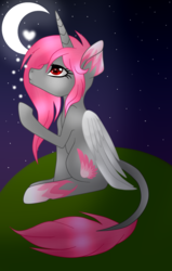 Size: 822x1296 | Tagged: safe, artist:cindystarlight, oc, oc only, oc:prime wing, alicorn, pony, colored wings, female, mare, moon, night, sitting, solo