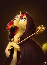 Size: 1024x1420 | Tagged: safe, artist:xaneas, sunset shimmer, pony, unicorn, g4, cloak, clothes, female, looking up, mare, scepter, solo, twilight scepter