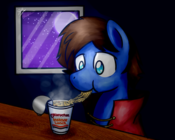 Size: 1280x1024 | Tagged: safe, artist:sugar morning, oc, oc only, oc:bizarre song, pegasus, pony, cape, clothes, commission, cup noodles, cute, dark room, eating, food, male, maruchan, moon, night, noodles, solo, stallion, steam, table, window