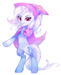 Size: 1308x1626 | Tagged: safe, artist:lispp, trixie, pony, g4, cape, clothes, colored pencil drawing, female, hat, looking at you, mare, simple background, smiling, solo, traditional art, trixie's cape, trixie's hat, white background