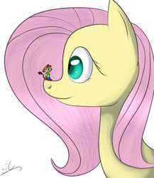 Size: 911x1050 | Tagged: safe, artist:serri765, fluttershy, oc, oc:tibtep, pegasus, pony, g4, bust, cute, female, looking at each other, macro, mare, micro, non-pony oc, portrait, simple background, sitting, sitting on nose, white background