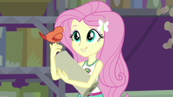 Size: 1280x720 | Tagged: safe, screencap, constance, fluttershy, bird, songbird, equestria girls, g4, my little pony equestria girls: legend of everfree, barrette, camp everfree outfits, clothes, female, paper, tank top