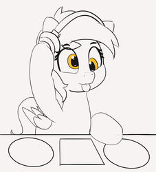 Size: 1280x1409 | Tagged: safe, artist:pabbley, derpy hooves, pegasus, pony, g4, 30 minute art challenge, :p, female, headphones, silly, solo, tongue out, turntable
