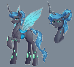 Size: 3823x3507 | Tagged: safe, artist:nauth, oc, oc only, oc:queen polistae, alicorn, changeling, changeling queen, pony, blue changeling, changeling oc, changeling queen oc, commission, eyelashes, female, gem, gray background, high res, lidded eyes, mare, raised hoof, simple background