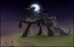 Size: 2884x1824 | Tagged: safe, artist:orealnight, pony of shadows, pony, g4, cliff, ethereal fetlocks, full moon, glowing eyes, male, moon, night, open mouth, raised hoof, solo