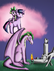 Size: 700x933 | Tagged: safe, artist:evil-rick, spike, twilight sparkle, dragon, pony, unicorn, g4, adult, adult spike, dragons riding ponies, fanfic, fanfic art, female, grave, immortality blues, male, mare, older, older spike, riding, spike riding twilight, unicorn twilight, winged spike, wings