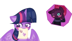 Size: 997x565 | Tagged: safe, artist:cloudysunshineyt, tempest shadow, twilight sparkle, alicorn, pony, g4, my little pony: the movie, arm behind head, blush sticker, blushing, broken horn, bust, eye scar, eye shimmer, female, horn, lesbian, mouth hold, scar, ship:tempestlight, shipping, simple background, transparent background, twilight sparkle (alicorn)