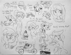 Size: 1812x1412 | Tagged: safe, artist:tjpones, carrot top, fluttershy, golden harvest, rainbow dash, rarity, sci-twi, spike, twilight sparkle, wallflower blush, zecora, oc, alicorn, dragon, duck pony, earth pony, pegasus, pony, skeleton pony, unicorn, zebra, anthro, unguligrade anthro, equestria girls, anthro with ponies, backpack, black and white, bone, bust, chest fluff, clothes, dialogue, female, glasses, grayscale, hat, lineart, mare, monochrome, nerd, open mouth, raised hoof, rocket, simple background, sitting, skeleton, sketch, sketch dump, skull, standing, standing on one leg, sunglasses, teary eyes, tongue out, traditional art, trenchcoat, twilight sparkle (alicorn)
