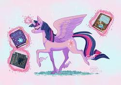 Size: 1001x709 | Tagged: safe, artist:sepi32014, twilight sparkle, alicorn, pony, g4, book, cloven hooves, eyes closed, female, glowing horn, horn, magic, solo, telekinesis, twilight sparkle (alicorn), unshorn fetlocks