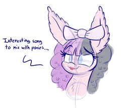 Size: 1050x900 | Tagged: safe, artist:heir-of-rick, earth pony, pony, bow, bust, chest fluff, dialogue, dollhouse, ear fluff, female, freckles, impossibly large ears, mare, melanie martinez, no pupils, ponified, solo