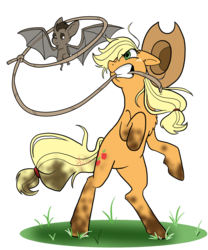 Size: 1024x1229 | Tagged: safe, artist:theluckyblackcatlbc, applejack, earth pony, pony, vampire fruit bat, bats!, g4, dirty, female, lasso, mare, mouth hold, rearing, rope, simple background, solo, transparent background