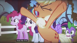 Size: 1920x1080 | Tagged: safe, screencap, applejack, pinkie pie, rainbow dash, rarity, spike, twilight sparkle, alicorn, pony, bats!, g4, hub logo, kiss me, meme, quality, twilight sparkle (alicorn), youtube caption