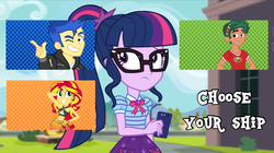 Size: 1024x575 | Tagged: safe, artist:jamesawilliams1996, edit, edited screencap, screencap, flash sentry, sci-twi, sunset shimmer, timber spruce, twilight sparkle, equestria girls, g4, my little pony equestria girls: better together, text support, choose your ship, geode of telekinesis, implied flashlight, implied lesbian, implied sciflash, implied scitwishimmer, implied shipping, implied straight, implied sunsetsparkle, implied timbertwi, magical geodes