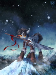 Size: 980x1300 | Tagged: safe, artist:margony, oc, oc only, pegasus, pony, boots, clothes, commission, female, floppy ears, glaive, looking at you, mare, mountain, mouth hold, scenery, shoes, snow, solo, weapon, ych result