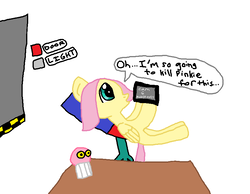 Size: 860x668 | Tagged: safe, artist:nightshadowmlp, fluttershy, pegasus, pony, g4, camera, chair, cupcake, desk, door, five nights at freddy's, food, light, text, vannamelon