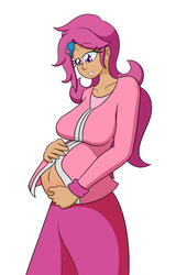 Size: 988x1540 | Tagged: safe, artist:jake heritagu, scootaloo, human, comic:ask motherly scootaloo, g4, belly, belly button, breasts, busty scootaloo, clothes, commission, hairpin, humanized, jacket, motherly scootaloo, pregnant, pregnant scootaloo