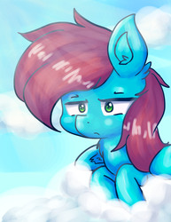 Size: 1700x2200 | Tagged: safe, artist:jetjetj, oc, oc only, unnamed oc, pegasus, pony, cloud, female, frown, mare, solo, tired