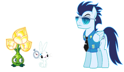Size: 728x426 | Tagged: safe, artist:drypony198, angel bunny, soarin', pegasus, pony, rabbit, g4, clothes, flower, gold bloom, necktie, plants vs zombies, plants vs zombies 2: it's about time, police uniform, simple background, sunglasses, watch, white background