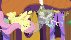 Size: 1280x720 | Tagged: safe, screencap, discord, fluttershy, draconequus, pegasus, pony, discordant harmony, g4, butterfly net, butterfly sandwich, upside down