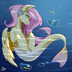 Size: 2000x2000 | Tagged: safe, artist:blueeye, fluttershy, butterfly, merpony, pegasus, seapony (g4), g4, my little pony: the movie, beautiful, bubble, cute, digital art, dorsal fin, feather, female, fin, fin wings, fins, fish tail, flowing mane, flowing tail, folded wings, green eyes, hairpin, happy, high res, leaf, looking at you, mare, ocean, pink mane, pink tail, scales, seaponified, seapony fluttershy, seaweed, signature, smiling, smiling at you, solo, species swap, swimming, tail, teeth, underwater, water, wings